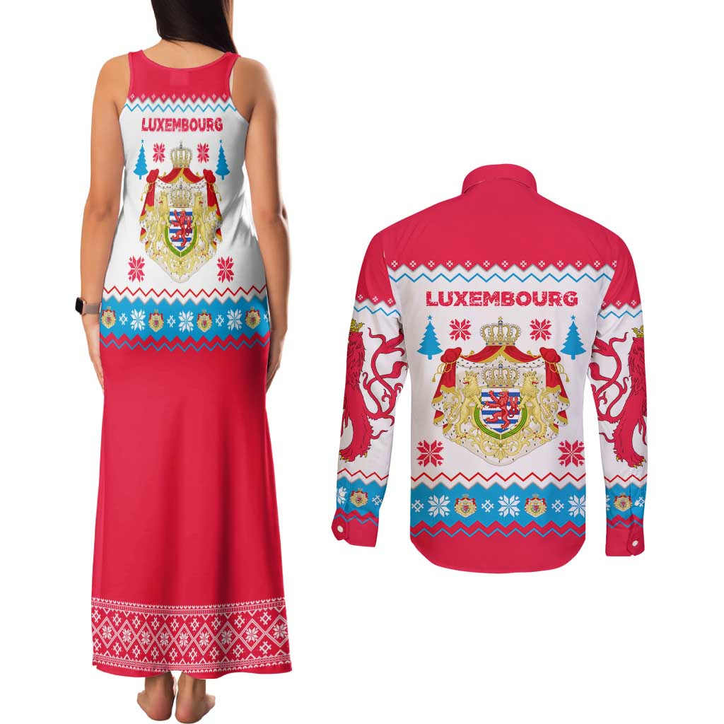 Luxembourg Christmas Couples Matching Tank Maxi Dress and Long Sleeve Button Shirt with Red Lion Crest and Snowflake Pattern