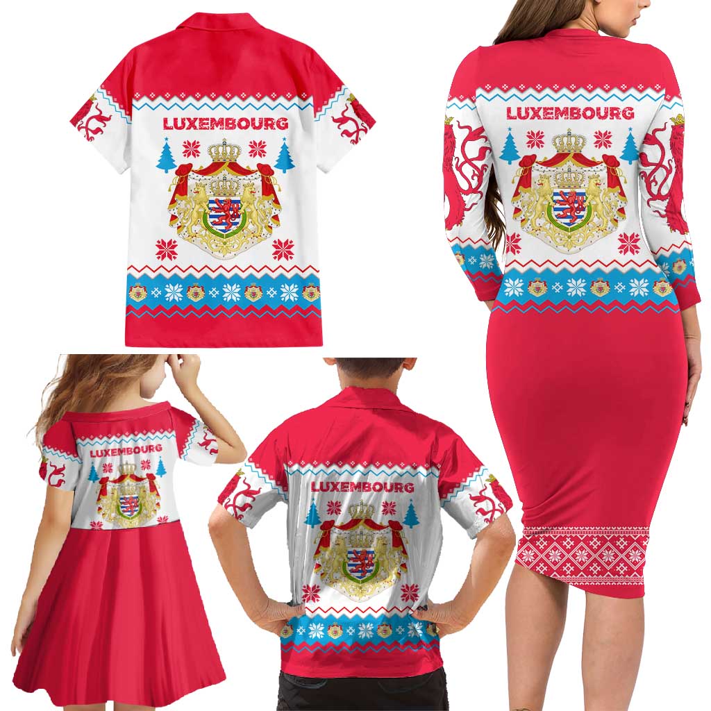 Luxembourg Christmas Family Matching Long Sleeve Bodycon Dress and Hawaiian Shirt with Red Lion Crest and Snowflake Pattern