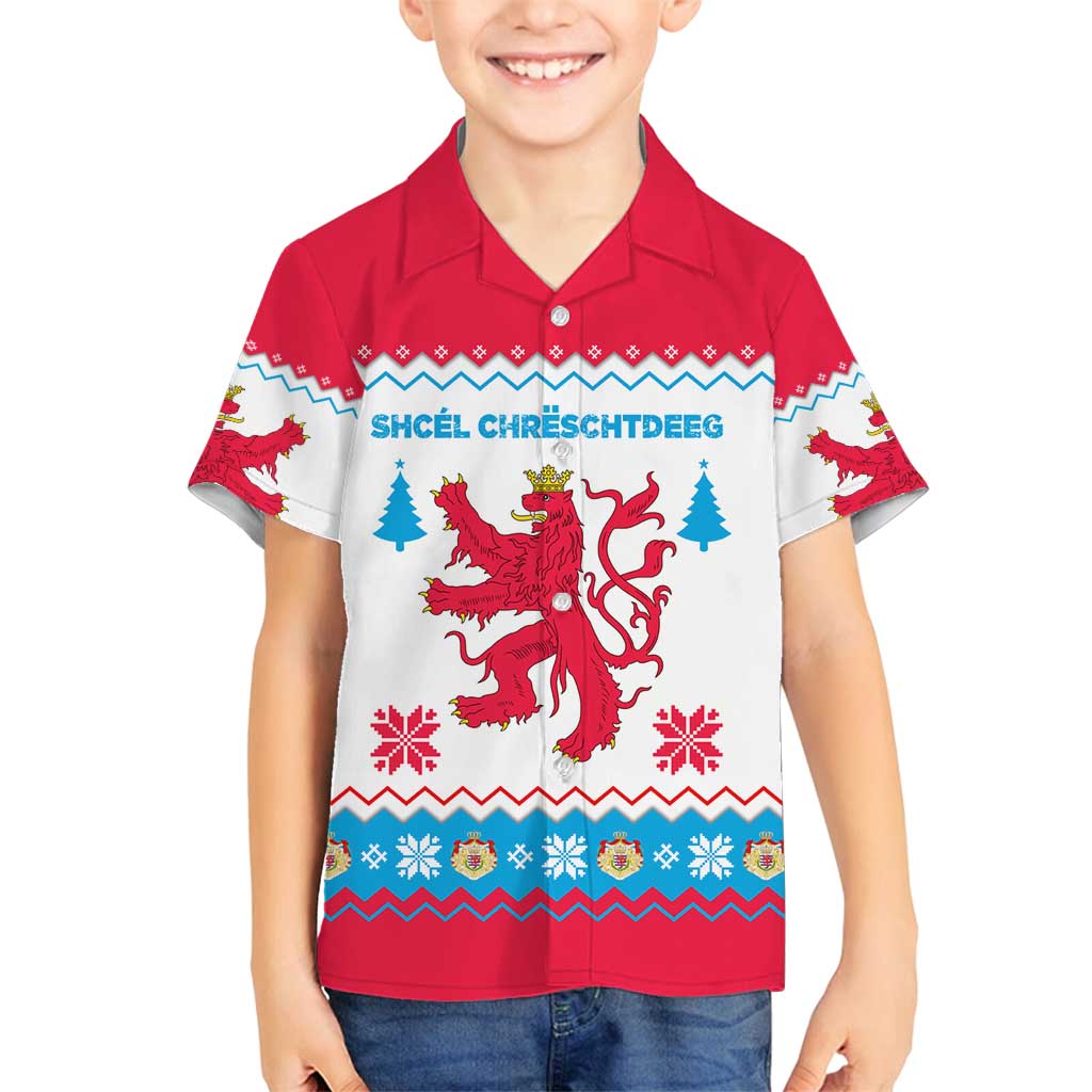 Luxembourg Christmas Family Matching Long Sleeve Bodycon Dress and Hawaiian Shirt with Red Lion Crest and Snowflake Pattern