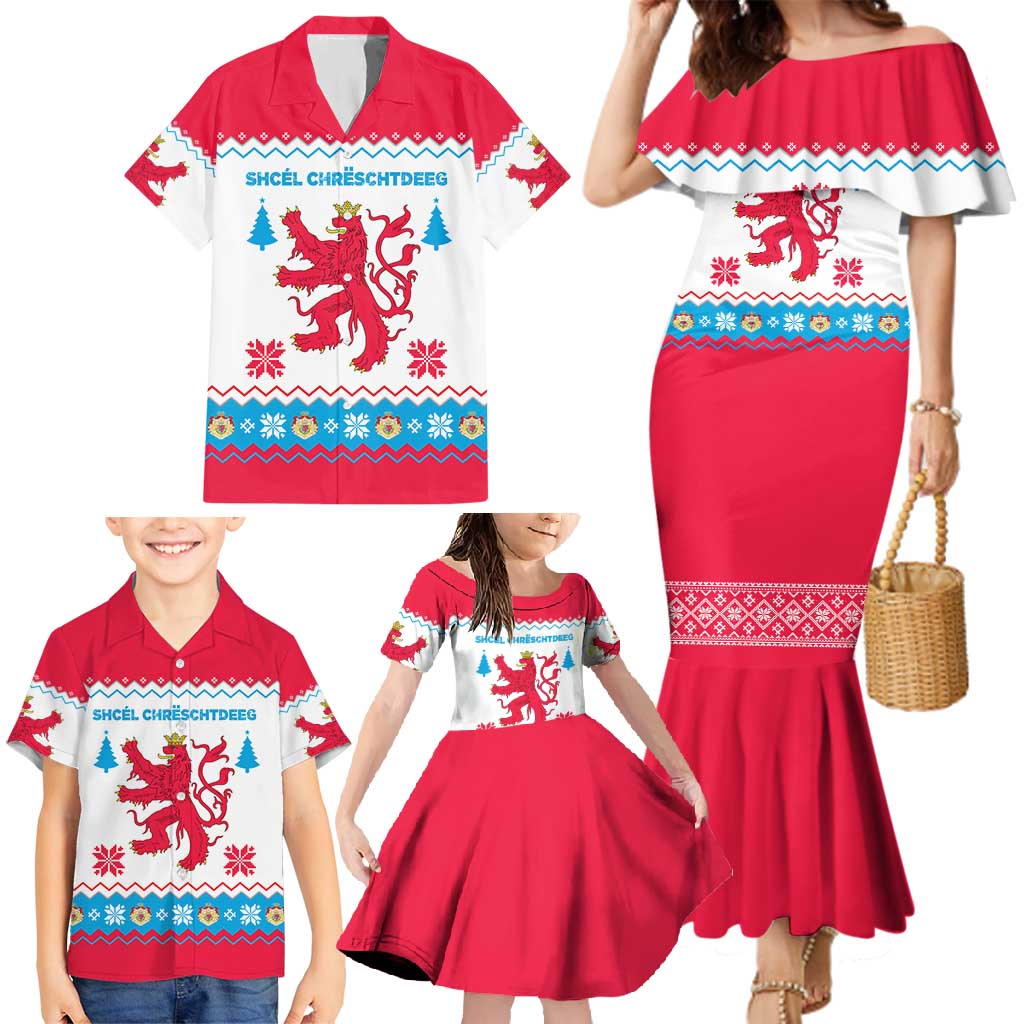 Luxembourg Christmas Family Matching Mermaid Dress and Hawaiian Shirt with Red Lion Crest and Snowflake Pattern
