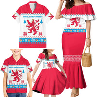 Luxembourg Christmas Family Matching Mermaid Dress and Hawaiian Shirt with Red Lion Crest and Snowflake Pattern