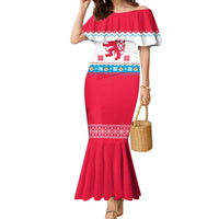 Luxembourg Christmas Family Matching Mermaid Dress and Hawaiian Shirt with Red Lion Crest and Snowflake Pattern
