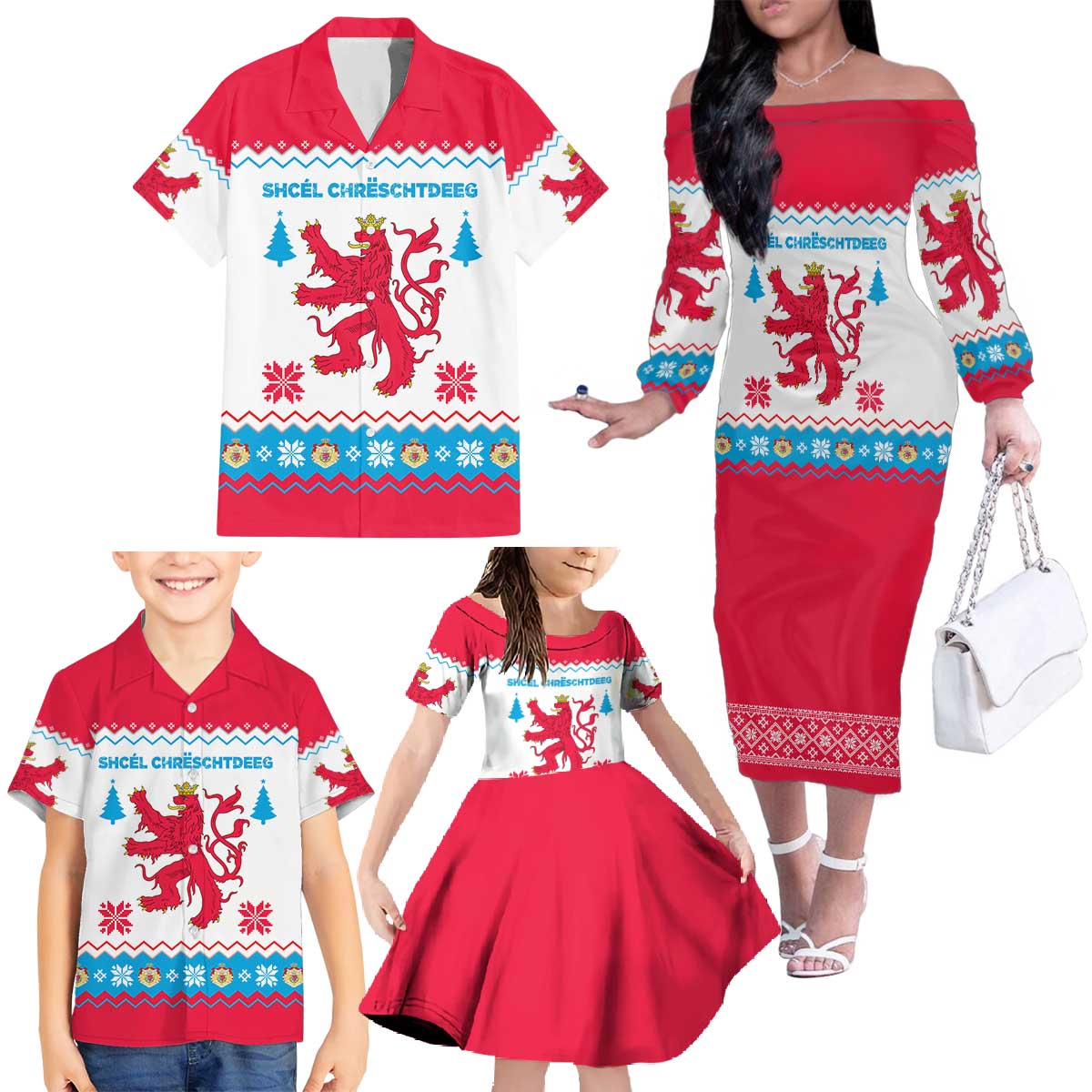 Luxembourg Christmas Family Matching Off The Shoulder Long Sleeve Dress and Hawaiian Shirt with Red Lion Crest and Snowflake Pattern