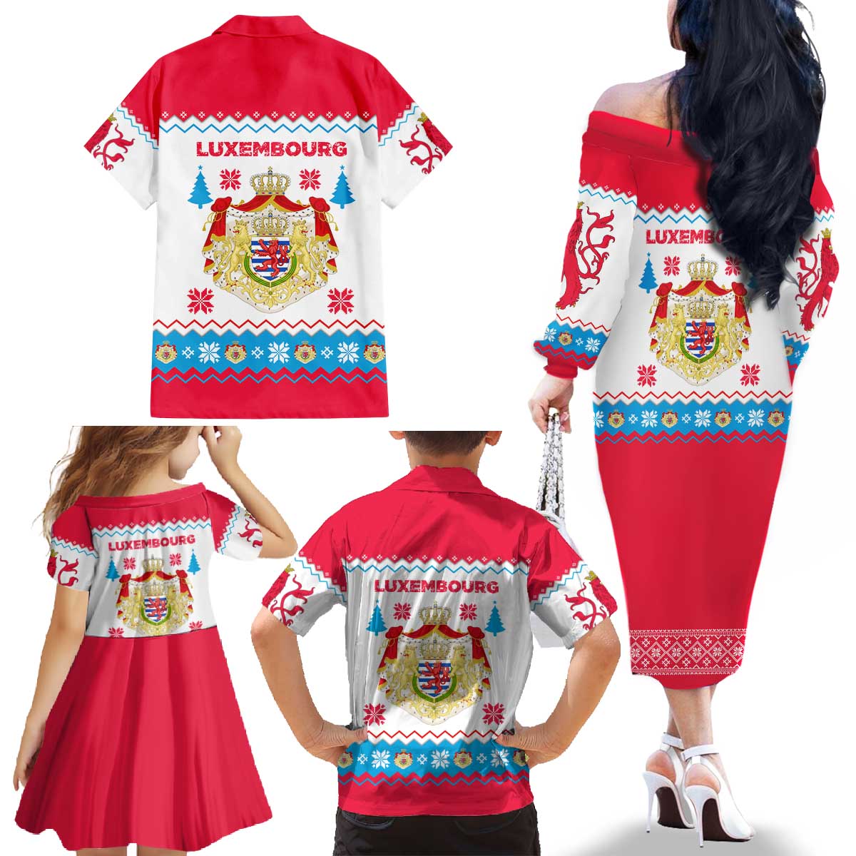 Luxembourg Christmas Family Matching Off The Shoulder Long Sleeve Dress and Hawaiian Shirt with Red Lion Crest and Snowflake Pattern