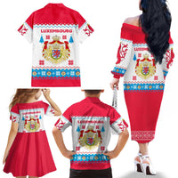 Luxembourg Christmas Family Matching Off The Shoulder Long Sleeve Dress and Hawaiian Shirt with Red Lion Crest and Snowflake Pattern