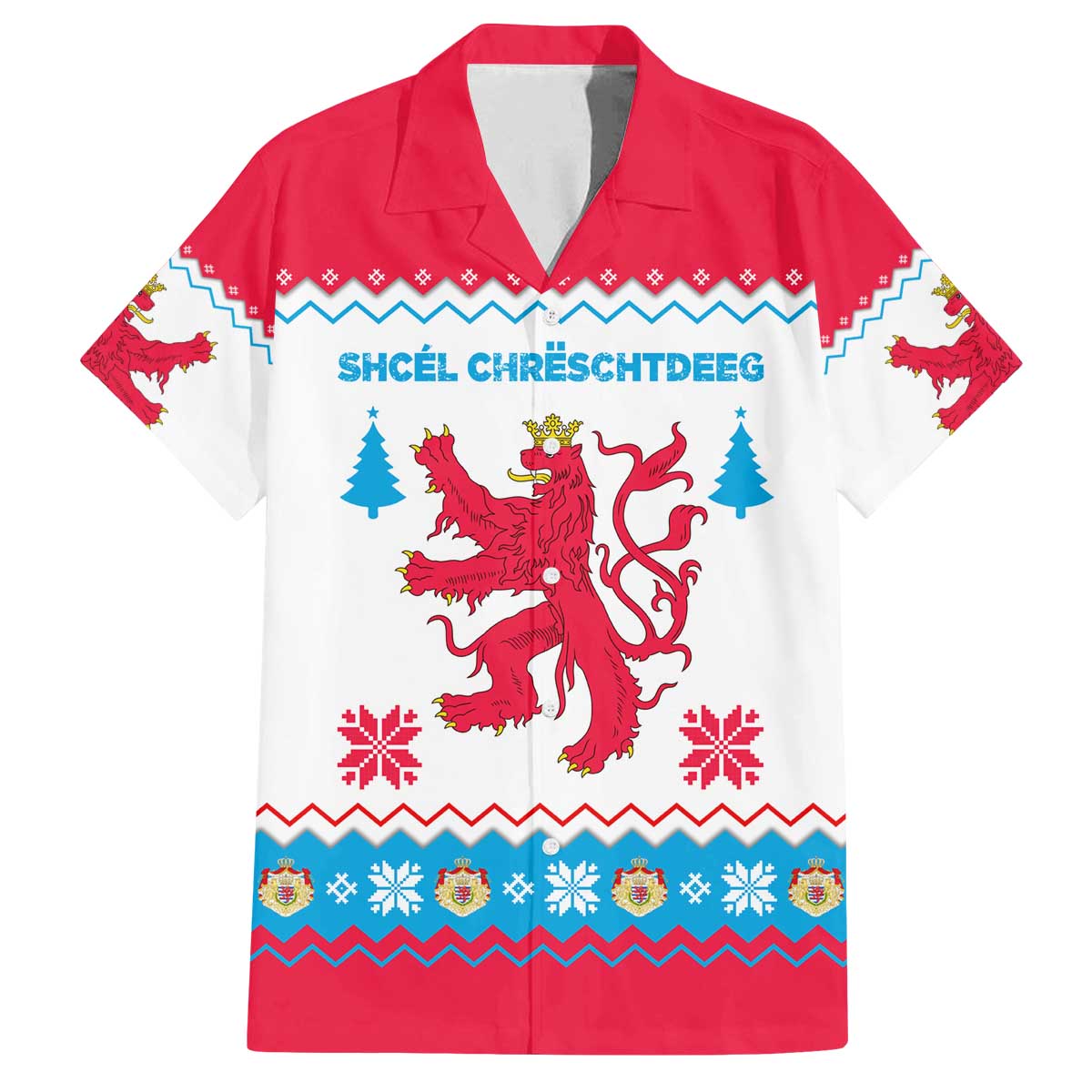 Luxembourg Christmas Family Matching Off The Shoulder Long Sleeve Dress and Hawaiian Shirt with Red Lion Crest and Snowflake Pattern
