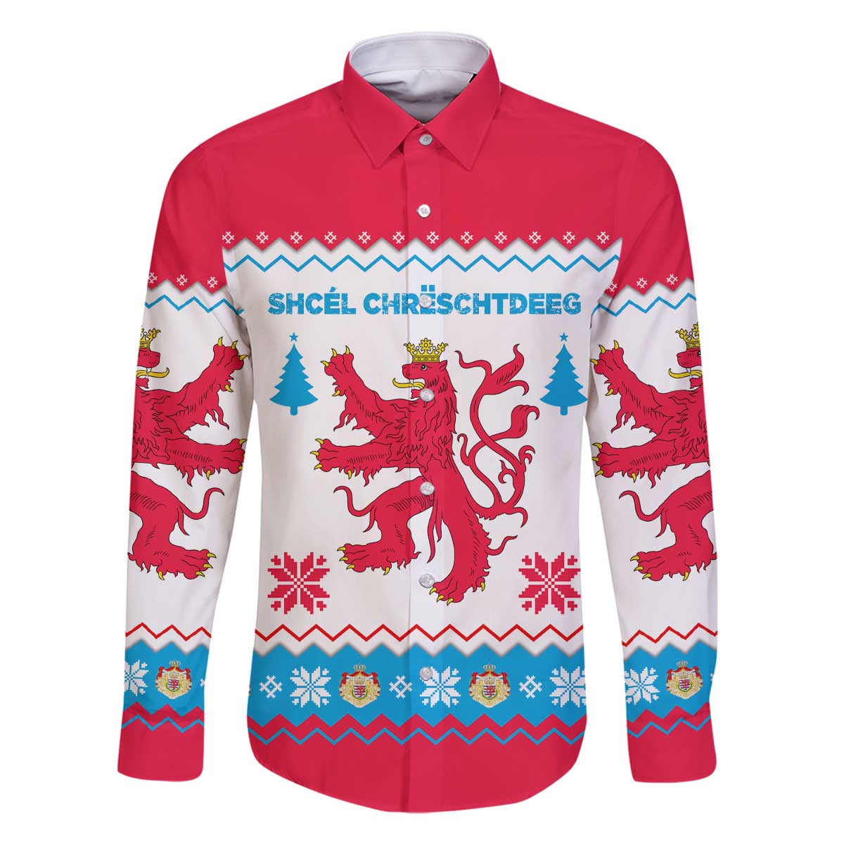 Luxembourg Christmas Family Matching Off The Shoulder Long Sleeve Dress and Hawaiian Shirt with Red Lion Crest and Snowflake Pattern
