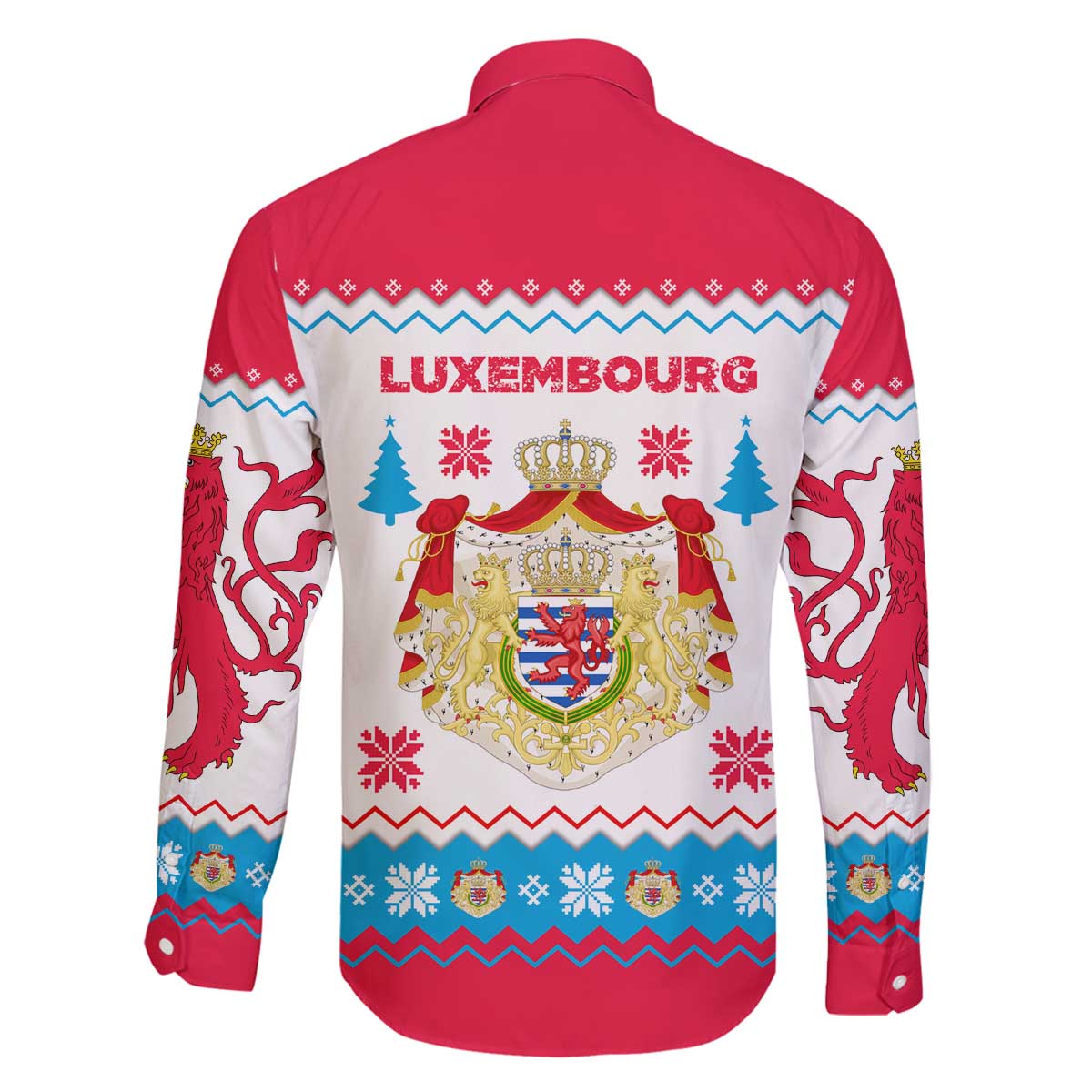 Luxembourg Christmas Family Matching Off The Shoulder Long Sleeve Dress and Hawaiian Shirt with Red Lion Crest and Snowflake Pattern