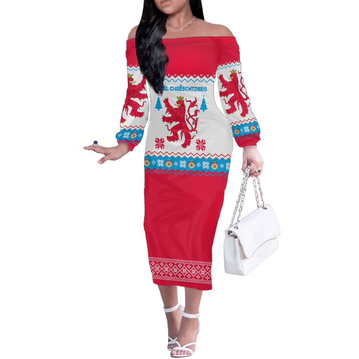 Luxembourg Christmas Family Matching Off The Shoulder Long Sleeve Dress and Hawaiian Shirt with Red Lion Crest and Snowflake Pattern