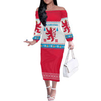 Luxembourg Christmas Family Matching Off The Shoulder Long Sleeve Dress and Hawaiian Shirt with Red Lion Crest and Snowflake Pattern