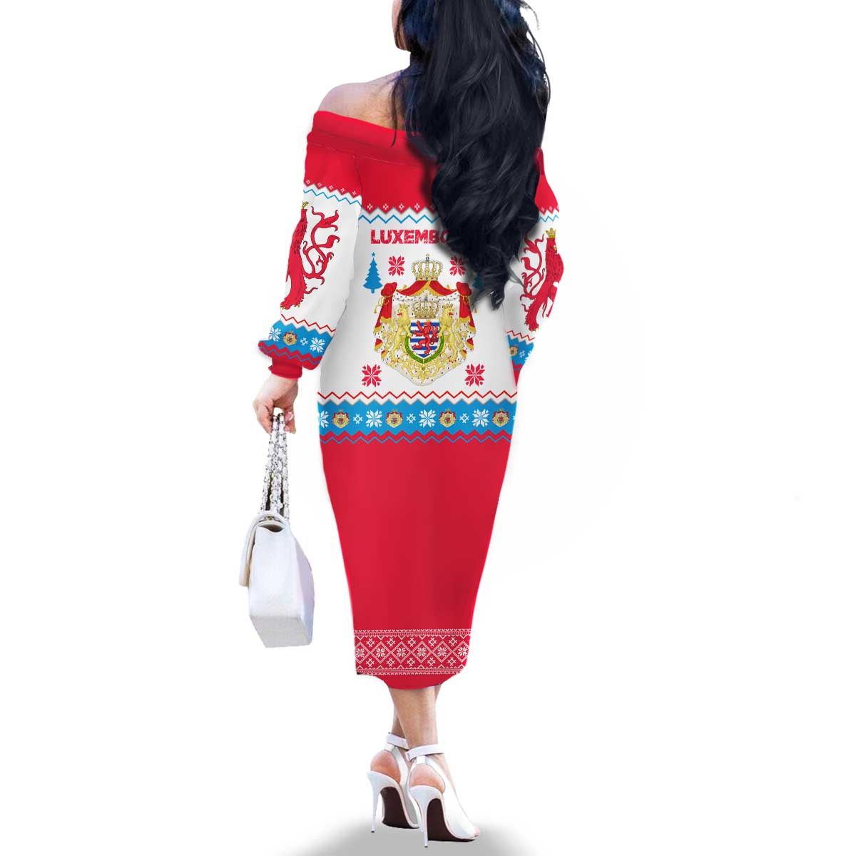 Luxembourg Christmas Family Matching Off The Shoulder Long Sleeve Dress and Hawaiian Shirt with Red Lion Crest and Snowflake Pattern