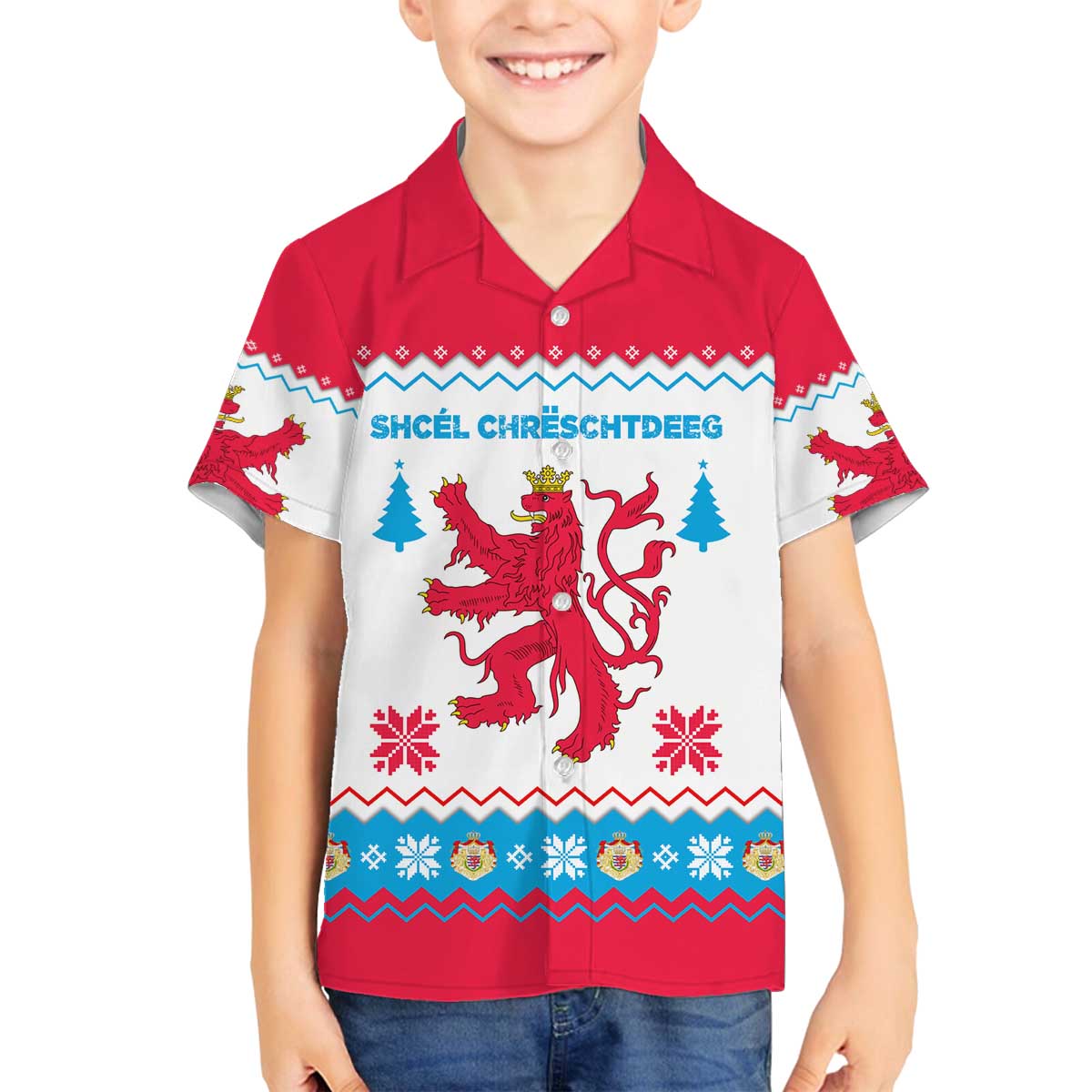 Luxembourg Christmas Family Matching Off The Shoulder Long Sleeve Dress and Hawaiian Shirt with Red Lion Crest and Snowflake Pattern