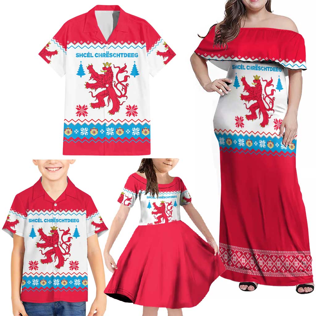 Luxembourg Christmas Family Matching Off Shoulder Maxi Dress and Hawaiian Shirt with Red Lion Crest and Snowflake Pattern