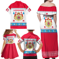 Luxembourg Christmas Family Matching Off Shoulder Maxi Dress and Hawaiian Shirt with Red Lion Crest and Snowflake Pattern