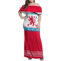 Luxembourg Christmas Family Matching Off Shoulder Maxi Dress and Hawaiian Shirt with Red Lion Crest and Snowflake Pattern