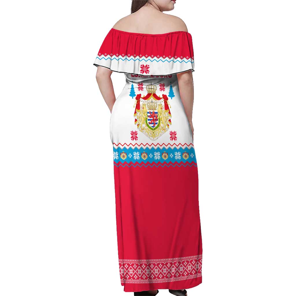 Luxembourg Christmas Family Matching Off Shoulder Maxi Dress and Hawaiian Shirt with Red Lion Crest and Snowflake Pattern