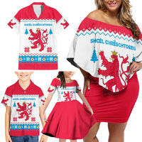Luxembourg Christmas Family Matching Off Shoulder Short Dress and Hawaiian Shirt with Red Lion Crest and Snowflake Pattern