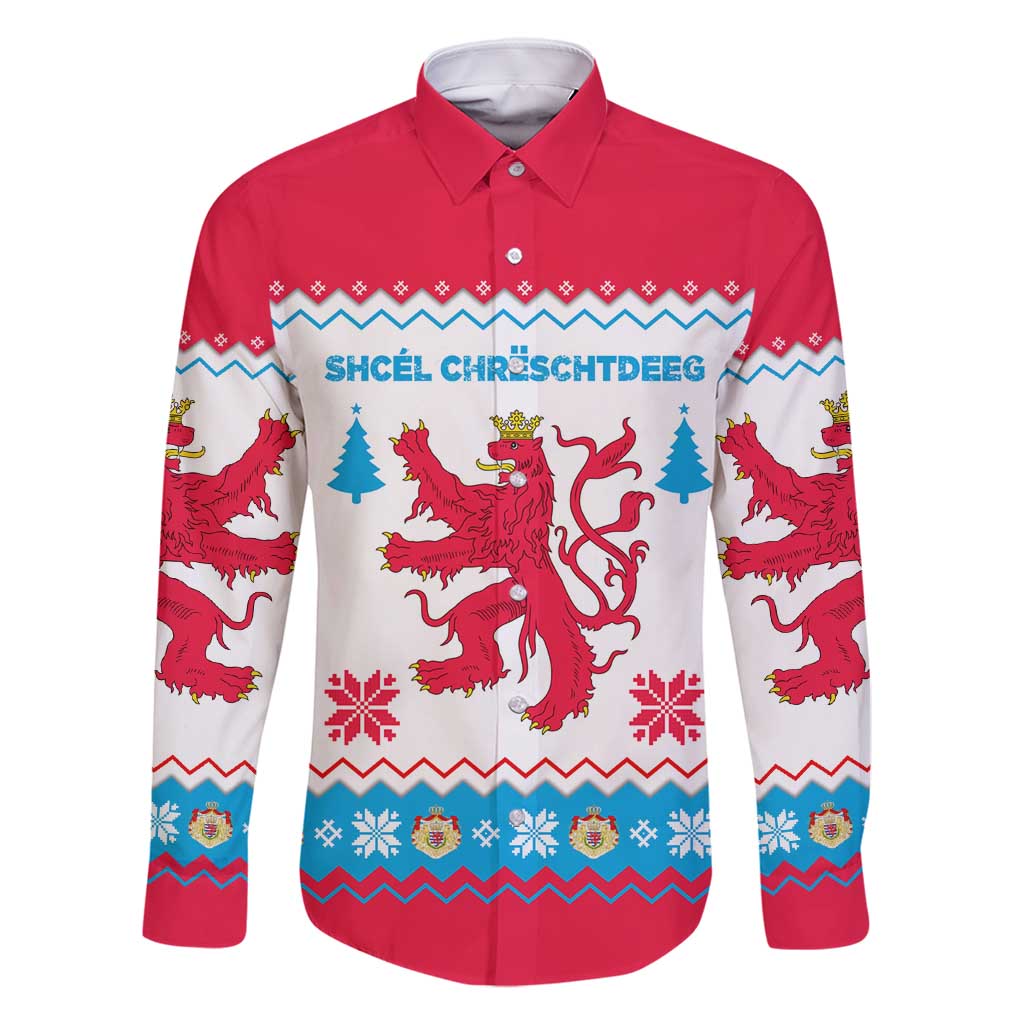 Luxembourg Christmas Family Matching Off Shoulder Short Dress and Hawaiian Shirt with Red Lion Crest and Snowflake Pattern