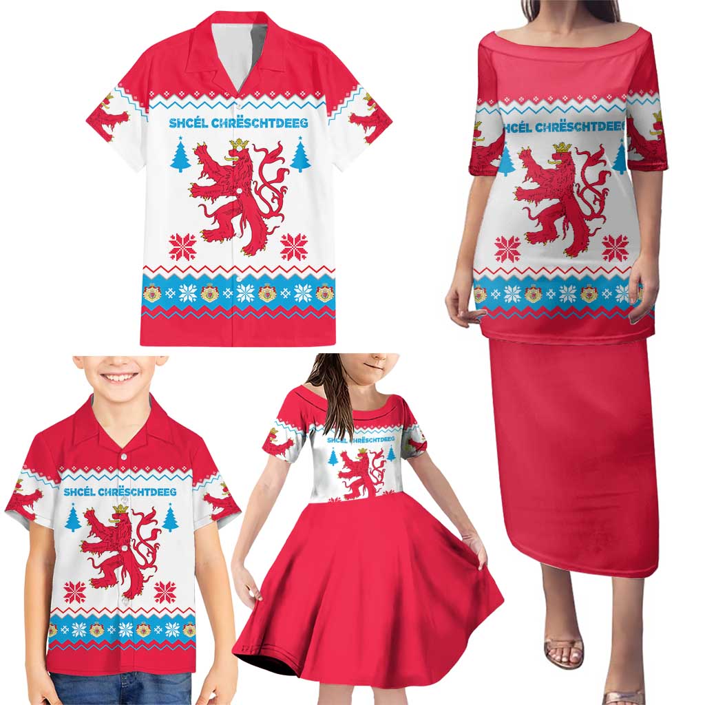Luxembourg Christmas Family Matching Puletasi and Hawaiian Shirt with Red Lion Crest and Snowflake Pattern