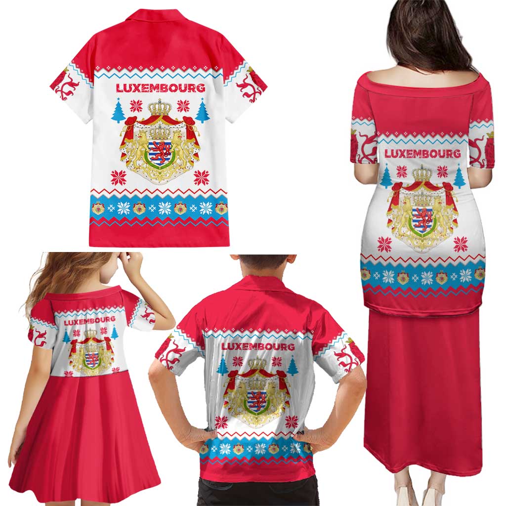 Luxembourg Christmas Family Matching Puletasi and Hawaiian Shirt with Red Lion Crest and Snowflake Pattern