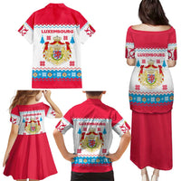 Luxembourg Christmas Family Matching Puletasi and Hawaiian Shirt with Red Lion Crest and Snowflake Pattern