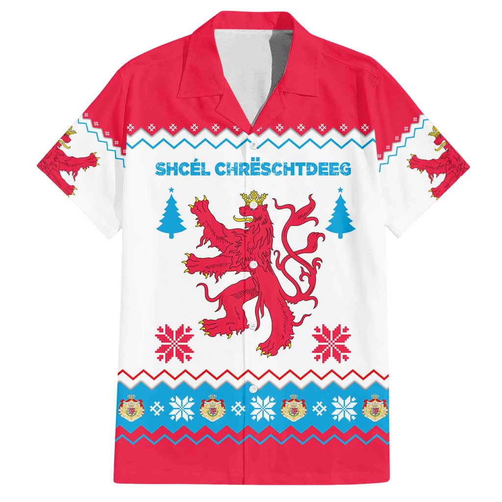 Luxembourg Christmas Family Matching Puletasi and Hawaiian Shirt with Red Lion Crest and Snowflake Pattern