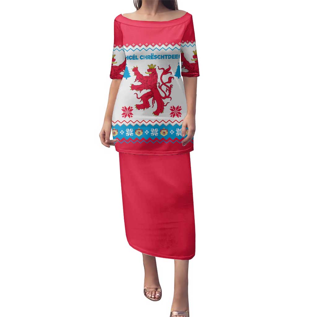 Luxembourg Christmas Family Matching Puletasi and Hawaiian Shirt with Red Lion Crest and Snowflake Pattern