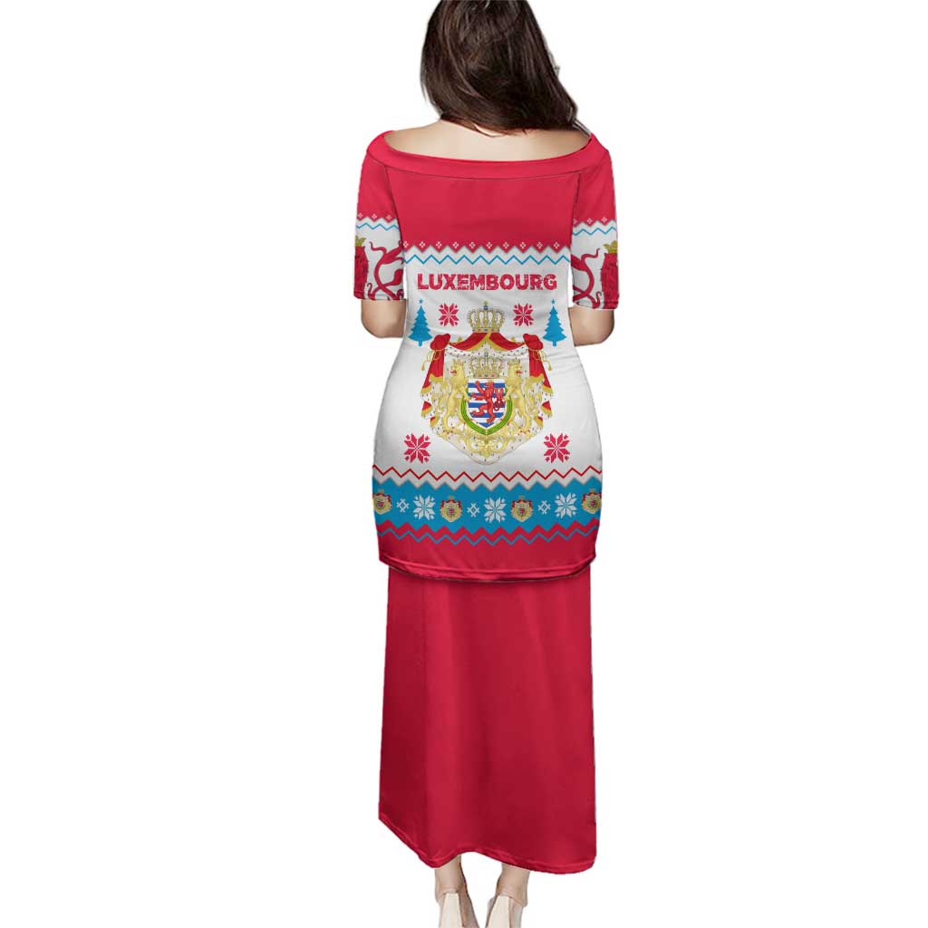 Luxembourg Christmas Family Matching Puletasi and Hawaiian Shirt with Red Lion Crest and Snowflake Pattern