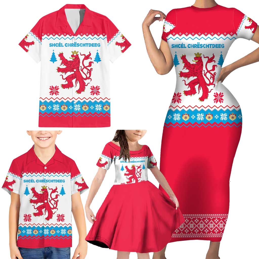 Luxembourg Christmas Family Matching Short Sleeve Bodycon Dress and Hawaiian Shirt with Red Lion Crest and Snowflake Pattern