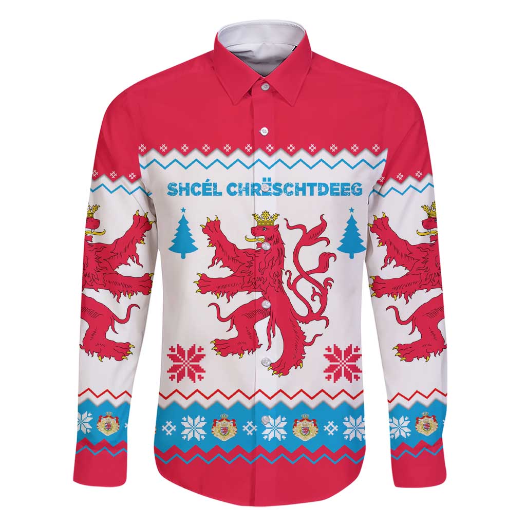 Luxembourg Christmas Family Matching Short Sleeve Bodycon Dress and Hawaiian Shirt with Red Lion Crest and Snowflake Pattern