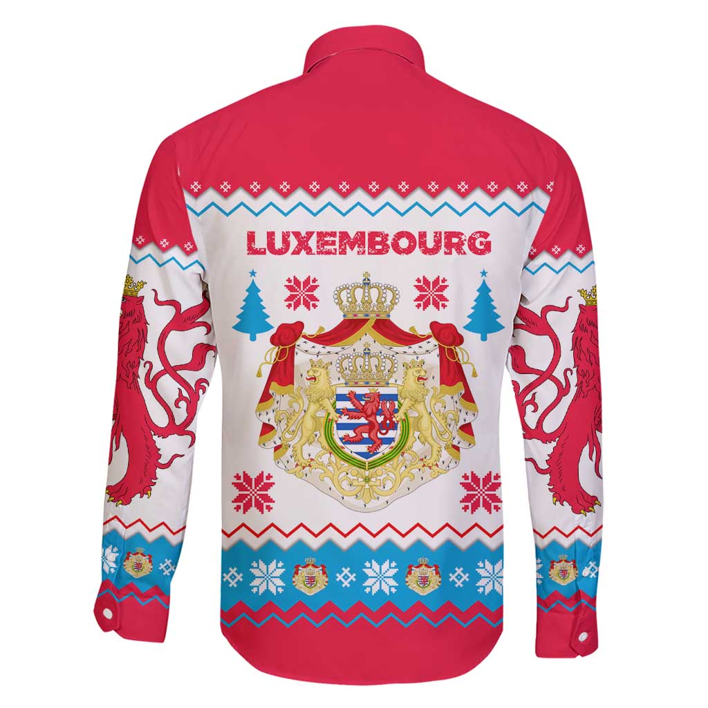 Luxembourg Christmas Family Matching Short Sleeve Bodycon Dress and Hawaiian Shirt with Red Lion Crest and Snowflake Pattern