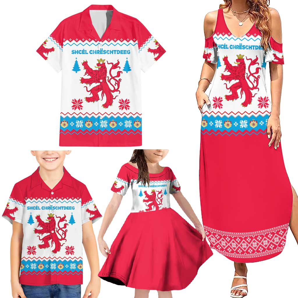 Luxembourg Christmas Family Matching Summer Maxi Dress and Hawaiian Shirt with Red Lion Crest and Snowflake Pattern