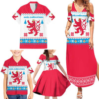Luxembourg Christmas Family Matching Summer Maxi Dress and Hawaiian Shirt with Red Lion Crest and Snowflake Pattern