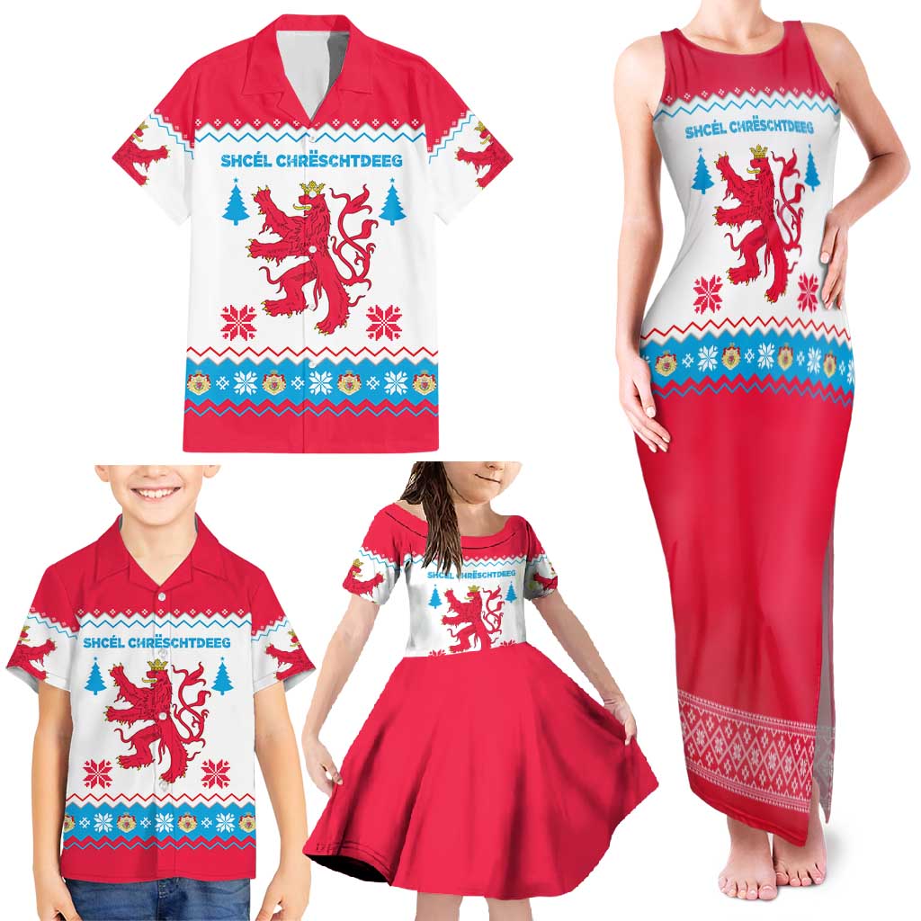 Luxembourg Christmas Family Matching Tank Maxi Dress and Hawaiian Shirt with Red Lion Crest and Snowflake Pattern