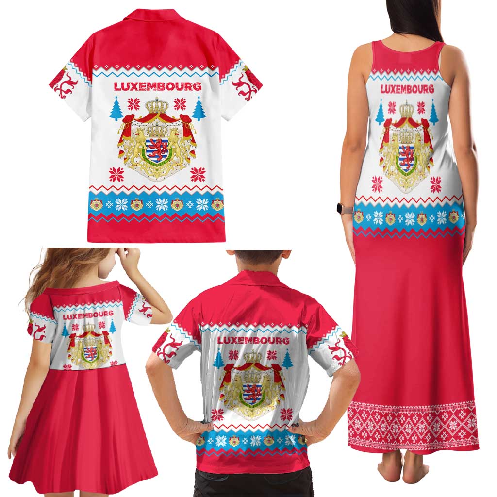 Luxembourg Christmas Family Matching Tank Maxi Dress and Hawaiian Shirt with Red Lion Crest and Snowflake Pattern