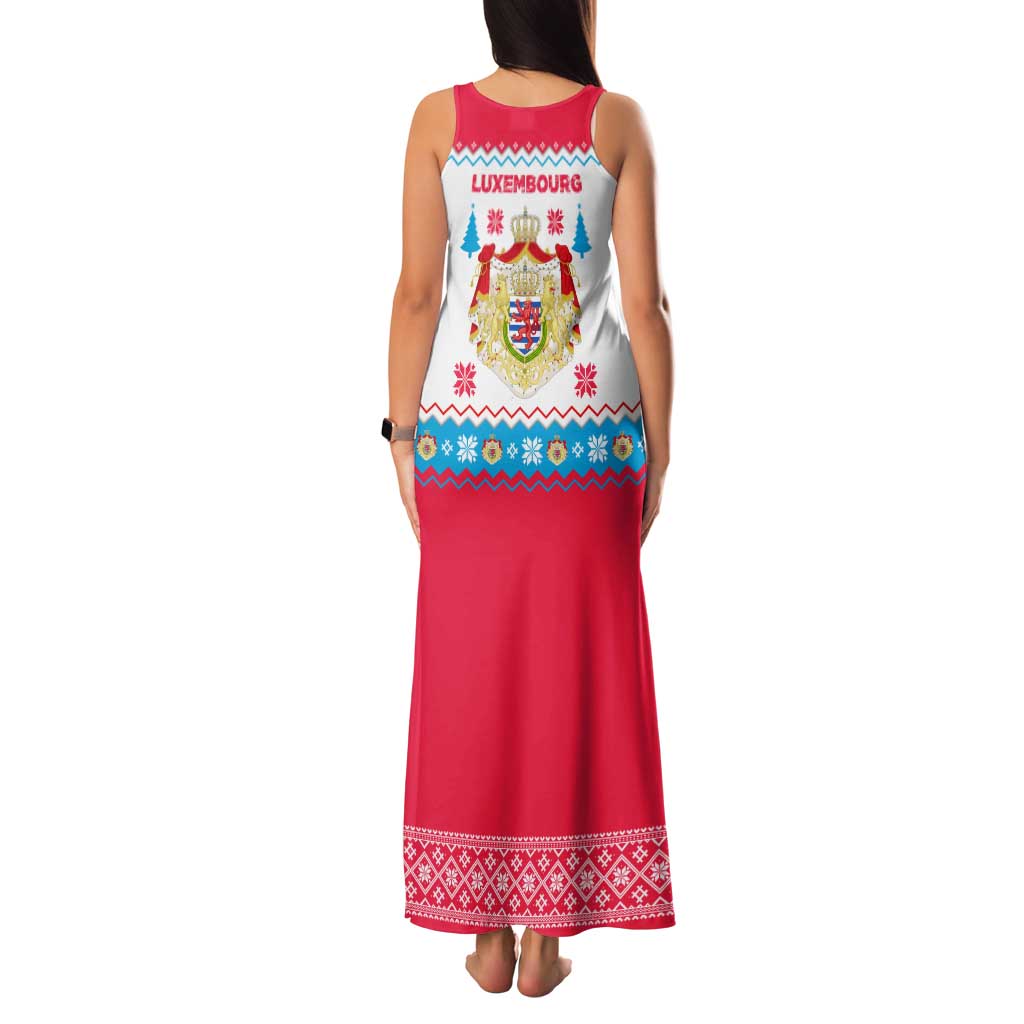 Luxembourg Christmas Family Matching Tank Maxi Dress and Hawaiian Shirt with Red Lion Crest and Snowflake Pattern