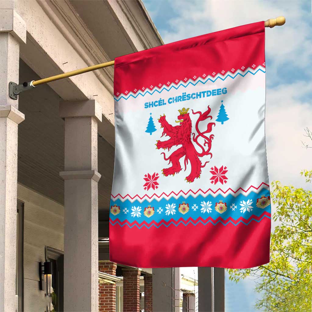 Luxembourg Christmas Garden Flag with Red Lion Crest and Snowflake Pattern