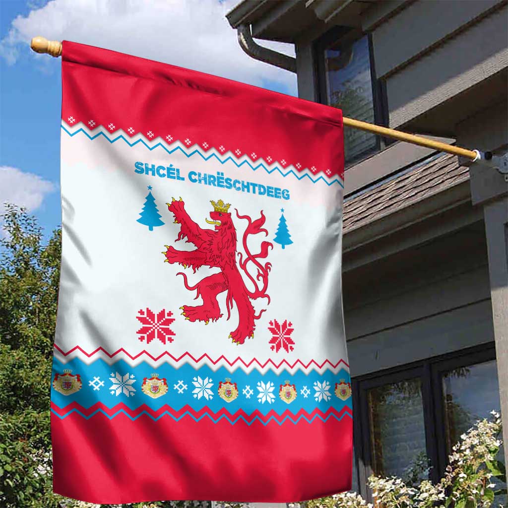Luxembourg Christmas Garden Flag with Red Lion Crest and Snowflake Pattern