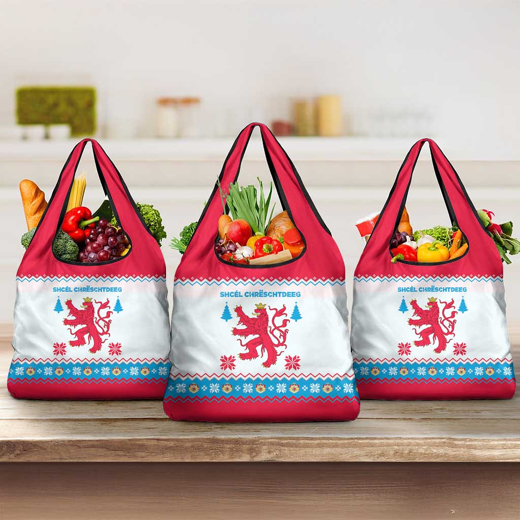 Luxembourg Christmas Grocery Bag with Red Lion Crest and Snowflake Pattern