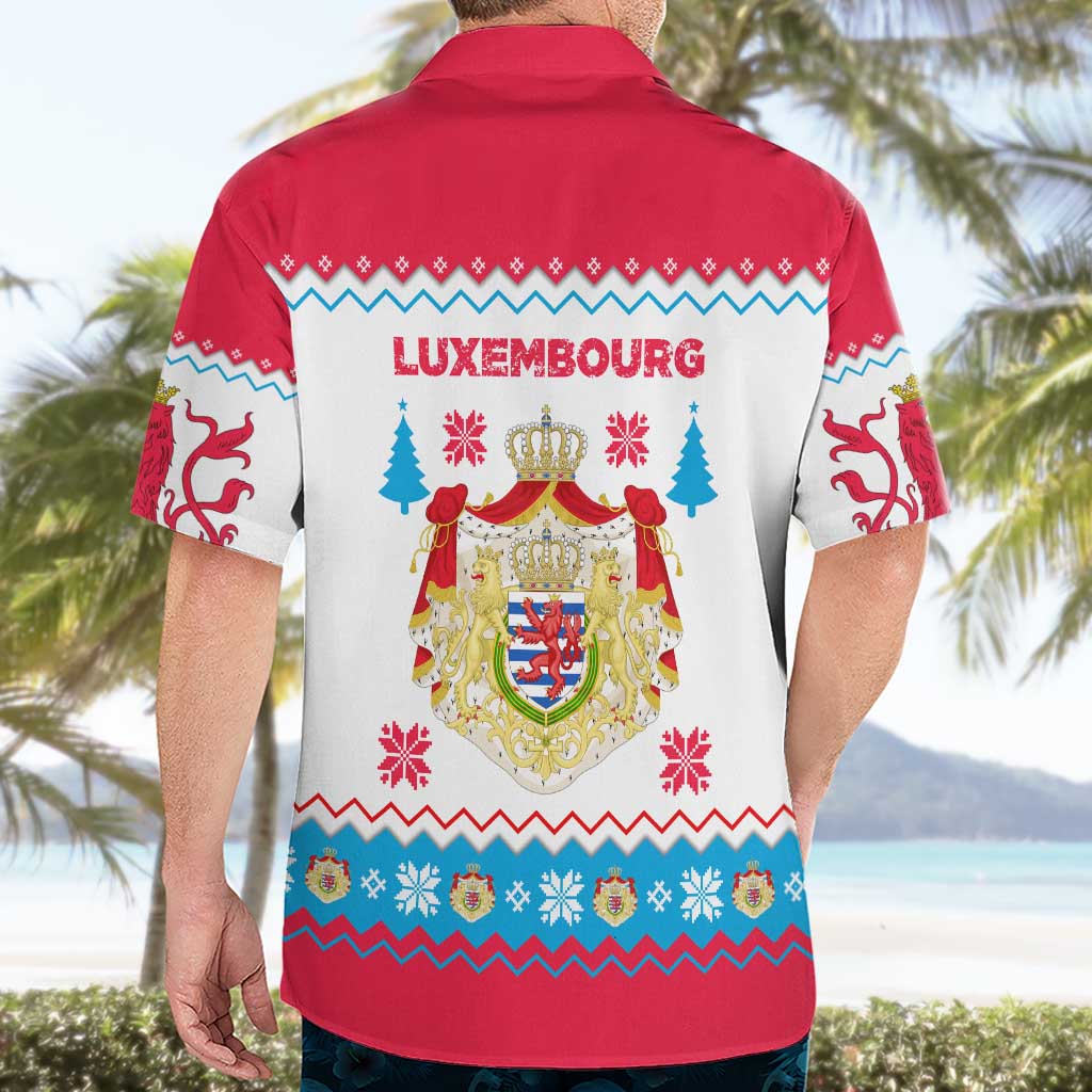 Luxembourg Christmas Hawaiian Shirt with Red Lion Crest and Snowflake Pattern