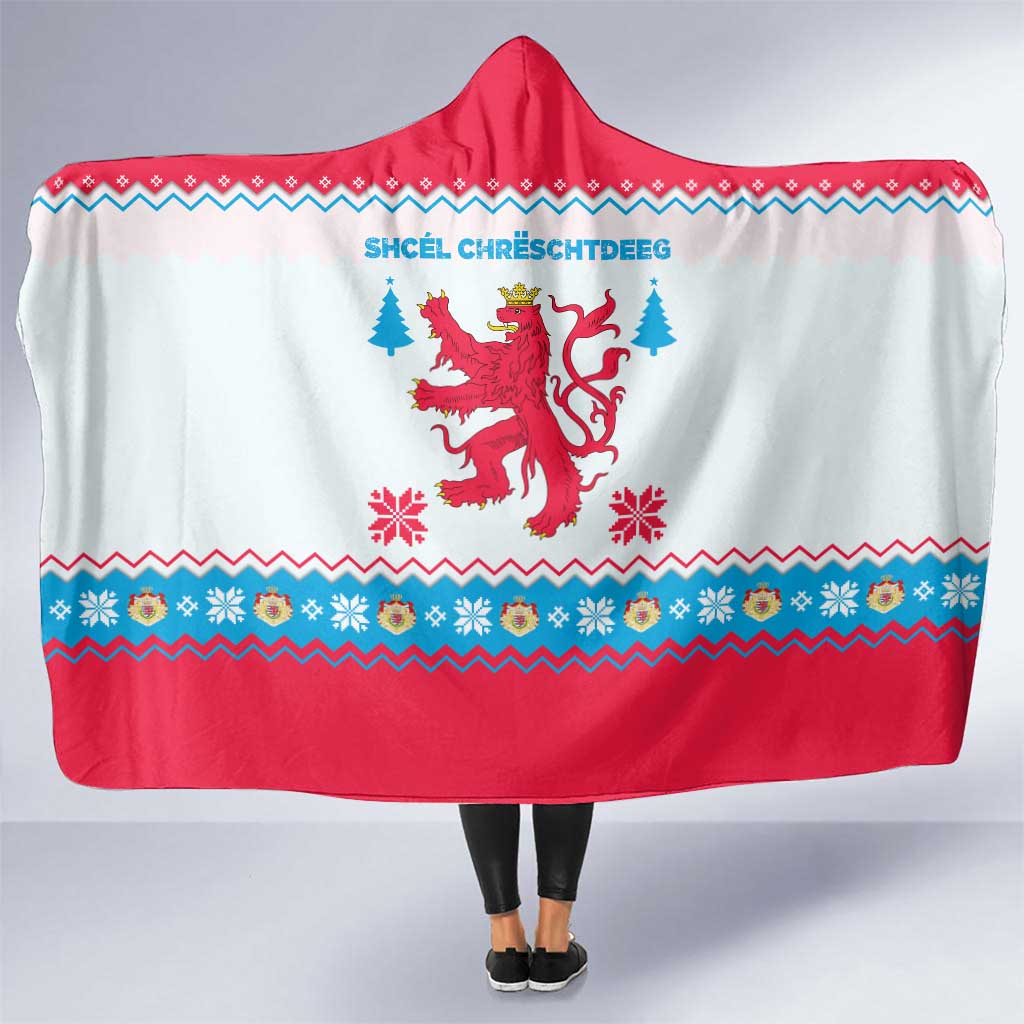 Luxembourg Christmas Hooded Blanket with Red Lion Crest and Snowflake Pattern