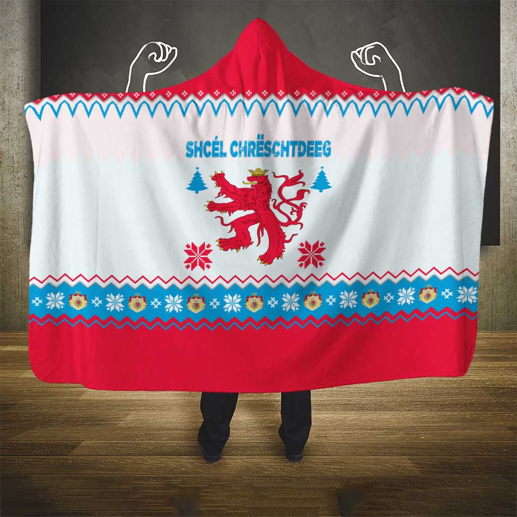 Luxembourg Christmas Hooded Blanket with Red Lion Crest and Snowflake Pattern