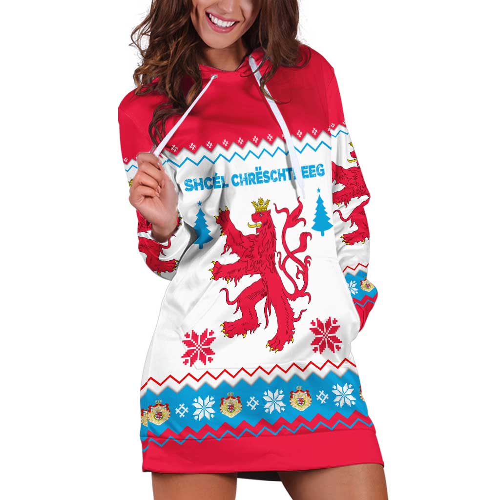 Luxembourg Christmas Hoodie Dress with Red Lion Crest and Snowflake Pattern