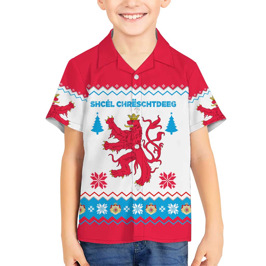 Luxembourg Christmas Kid Hawaiian Shirt with Red Lion Crest and Snowflake Pattern