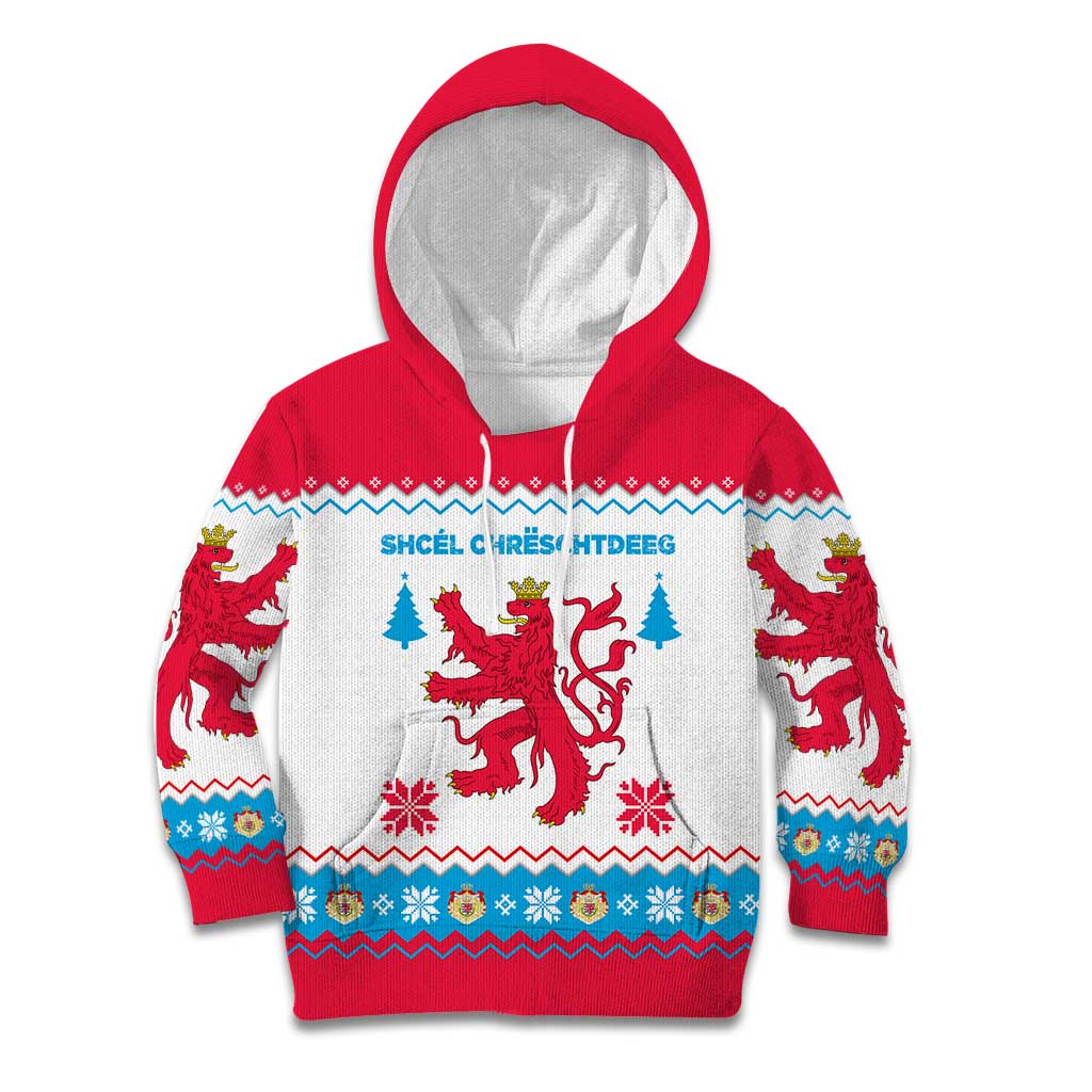 Luxembourg Christmas Kid Hoodie with Red Lion Crest and Snowflake Pattern