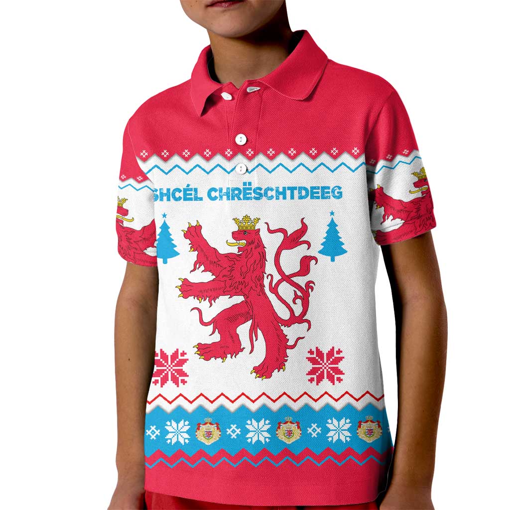 Luxembourg Christmas Kid Polo Shirt with Red Lion Crest and Snowflake Pattern