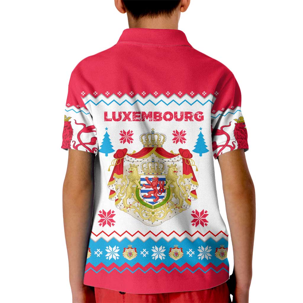Luxembourg Christmas Kid Polo Shirt with Red Lion Crest and Snowflake Pattern