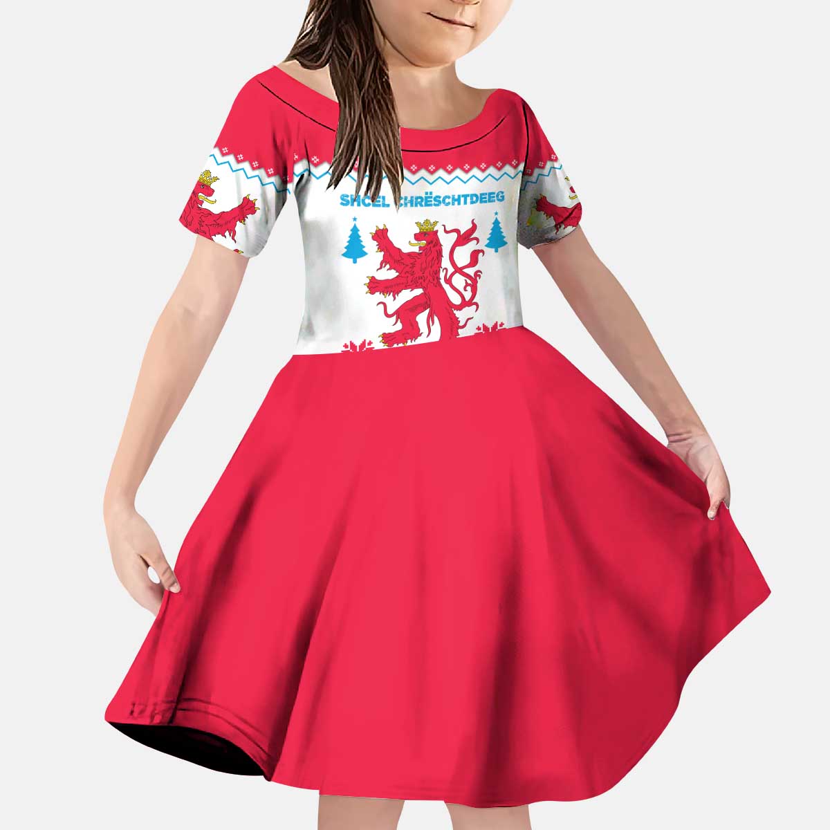 Luxembourg Christmas Kid Short Sleeve Dress with Red Lion Crest and Snowflake Pattern