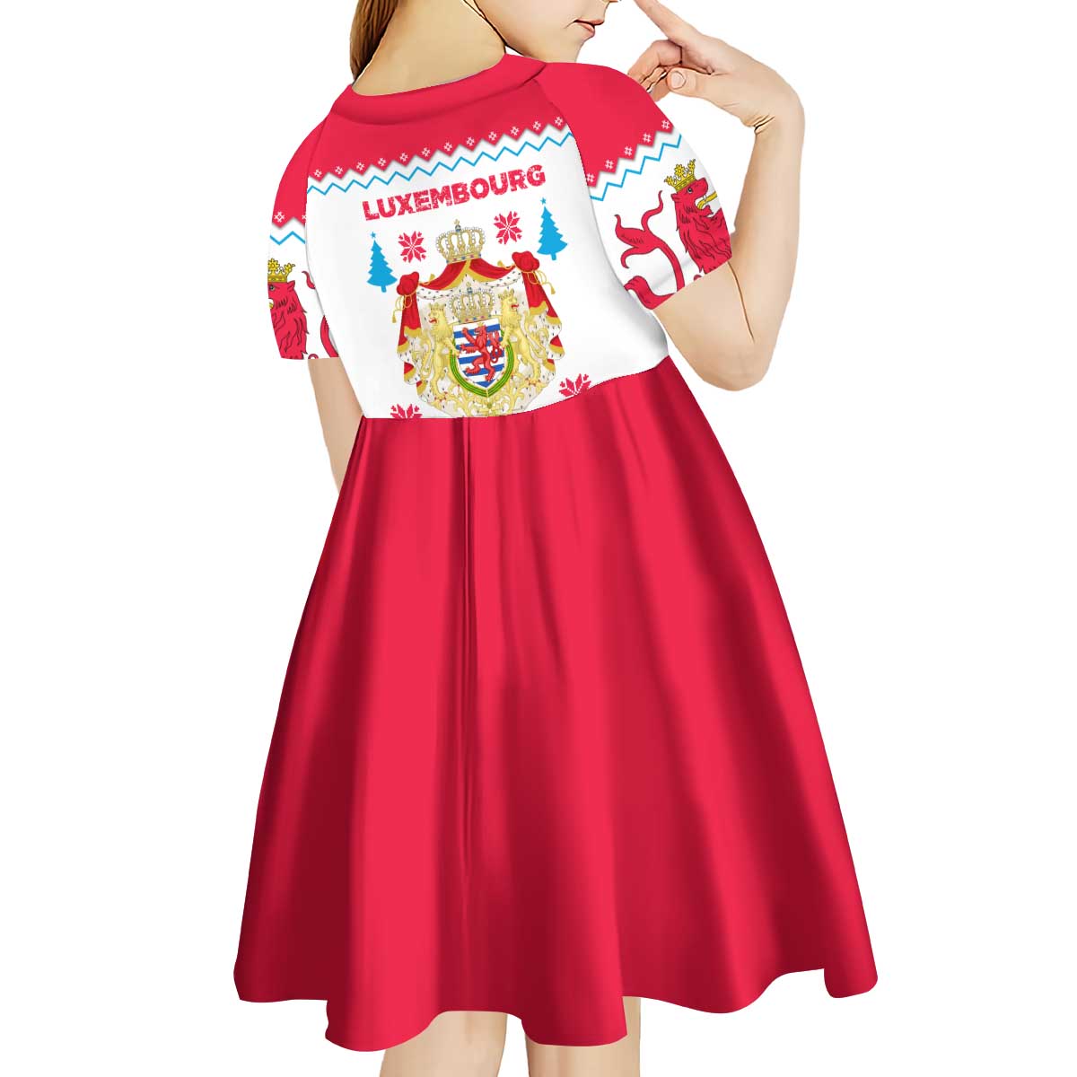 Luxembourg Christmas Kid Short Sleeve Dress with Red Lion Crest and Snowflake Pattern