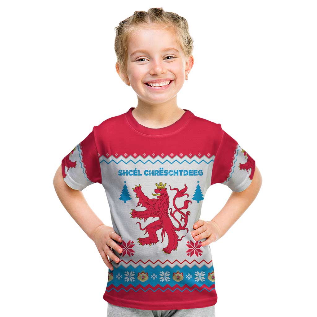 Luxembourg Christmas Kid T Shirt with Red Lion Crest and Snowflake Pattern